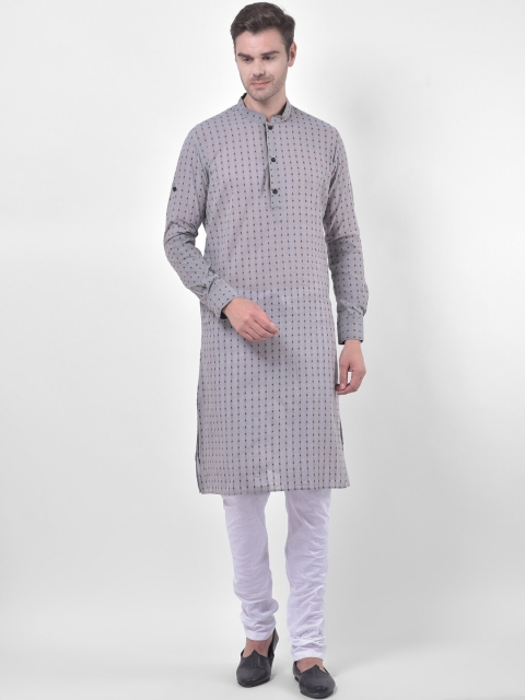 

LAMAAYA Men Silver-Toned & White Self Design Kurta with Churidar