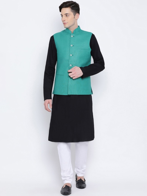

NAMASKAR Men Black & White Solid Kurta with Pyjamas & Nehru Jacket