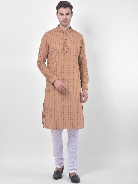 

LAMAAYA Men Brown & White Woven Design Kurta with Churidar