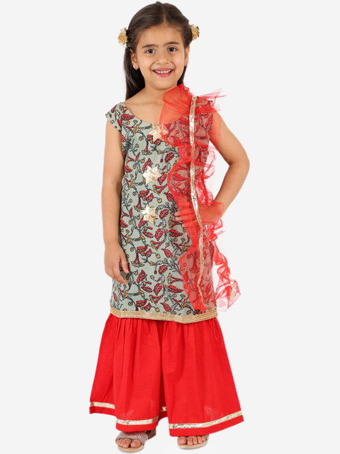 

Chipbeys Girls Green & Red Printed Kurta with Sharara & Dupatta