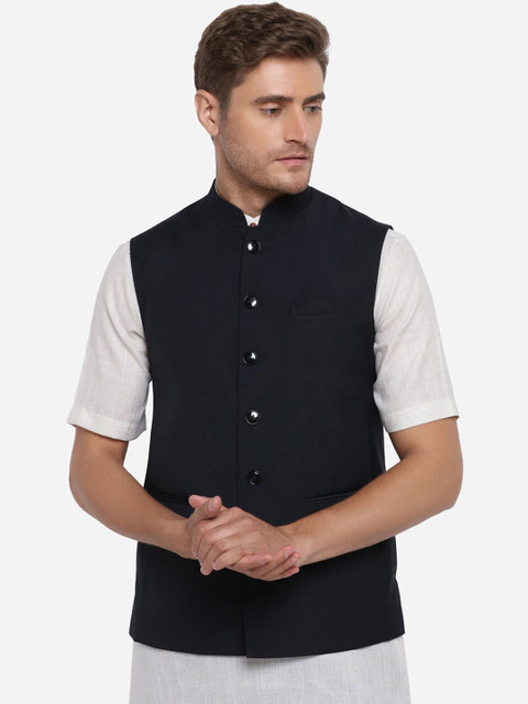 

MODI JACKET Men Navy Blue Solid Woven Nehru Jacket