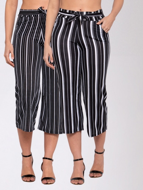

KLOTTHE Women Set of 2 Black & White Striped Wide Leg Palazzos