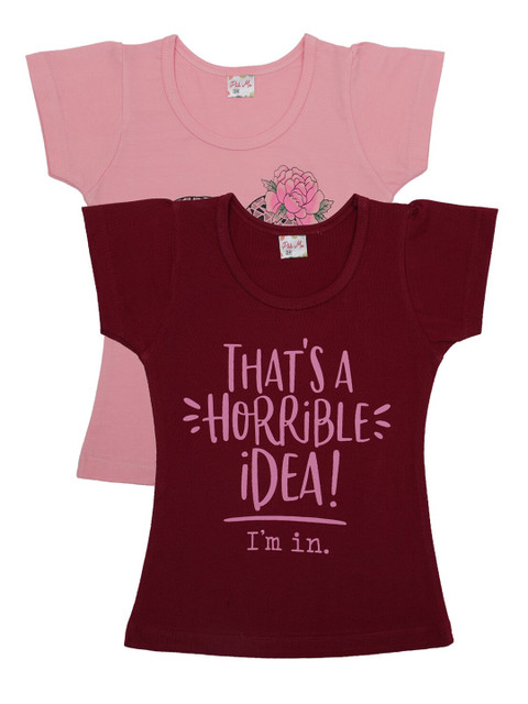 

Pothys Girls Pack Of 2 Printed Pure Cotton Round Neck T-shirt, Pink