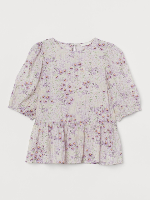 

H&M Women White & Lavender Floral Printed Peplum Blouse