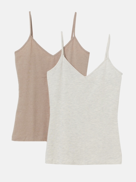 

H&M Women Beige & Grey Solid 2-Pack Cotton Strappy Tops