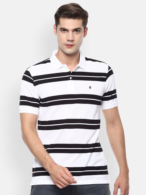 

Louis Philippe Sport Men White & Black Striped Polo Collar T-shirt