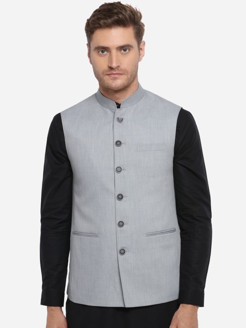 

MODI JACKET Men Grey Solid Woven Nehru Jacket