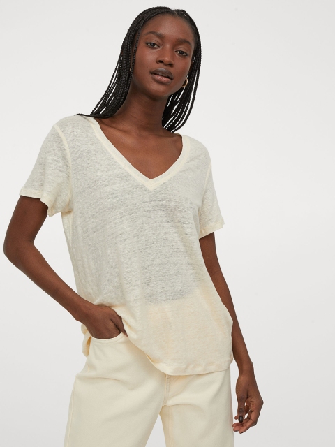 

H&M Women Yellow Solid Linen Jersey Top