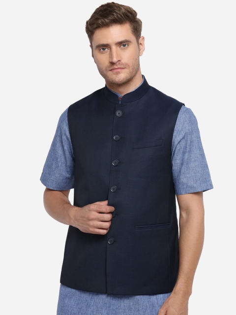 

MODI JACKET Men Navy Blue Solid Nehru Jacket