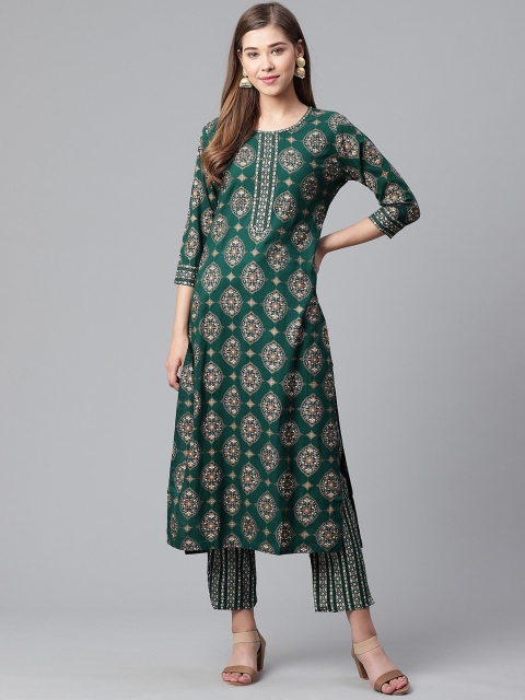 

Ishin Women Green Printed Kurta with Trousers
