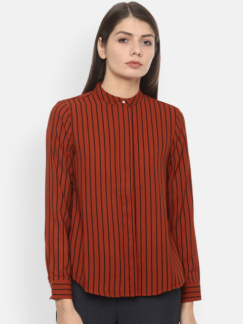 

Van Heusen Woman Women Rust Red & Black Regular Fit Striped Casual Shirt