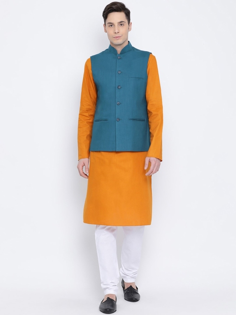 

NAMASKAR Men Mustard & White Solid Kurta with Churidar & Nehru Jacket