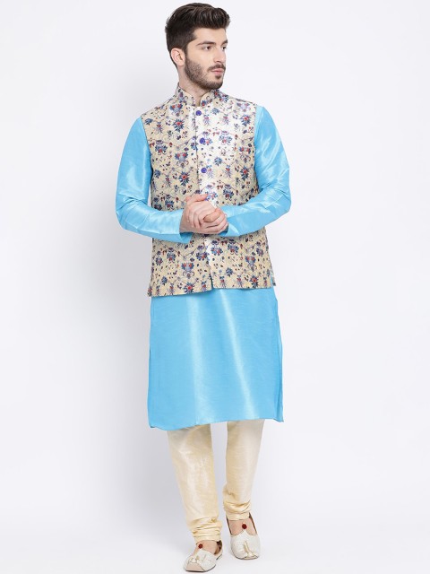 

NAMASKAR Men Blue & Cream-Coloured Solid Kurta with Churidar & Nehru Jacket