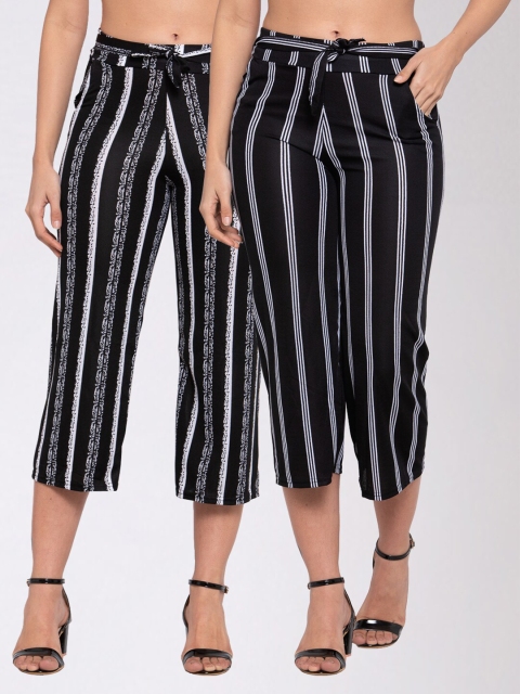 

KLOTTHE Women Pack Of 2 Black & White Striped Wide Leg Palazzos
