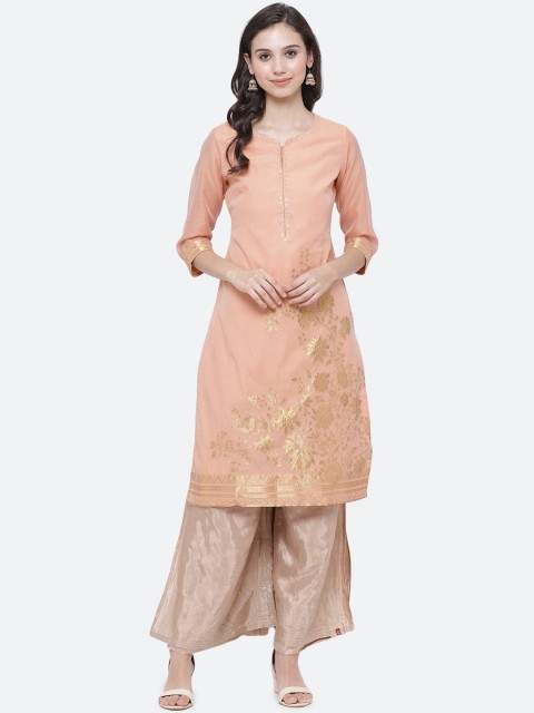 

Biba Women Peach-Coloured & Gold-Toned Floral Printed Kurta