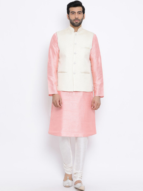 

NAMASKAR Men Pink & Off-White Solid Kurta with Churidar & Nehru Jacket