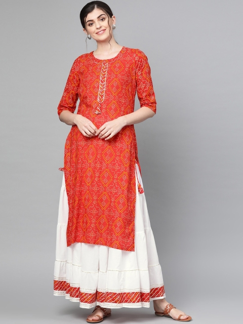 

Ishin Women Red & White Printed Kurta with Skirt