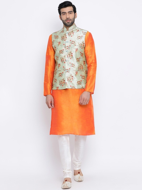 

NAMASKAR Men Orange & Off-White Solid Kurta with Churidar & Nehru Jacket