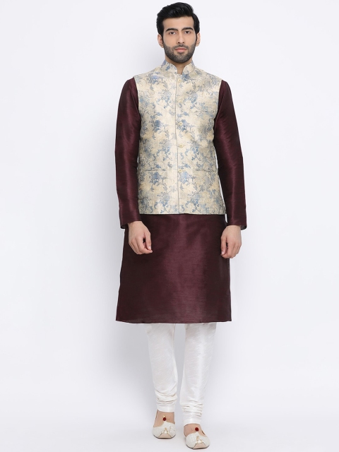 NAMASKAR Men Burgundy & Off-White Solid Kurta with Churidar & Nehru Jacket