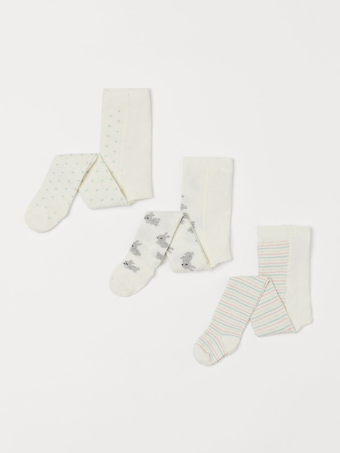 

H&M Unisex Kids White & Grey Printed 3-Pack Tights