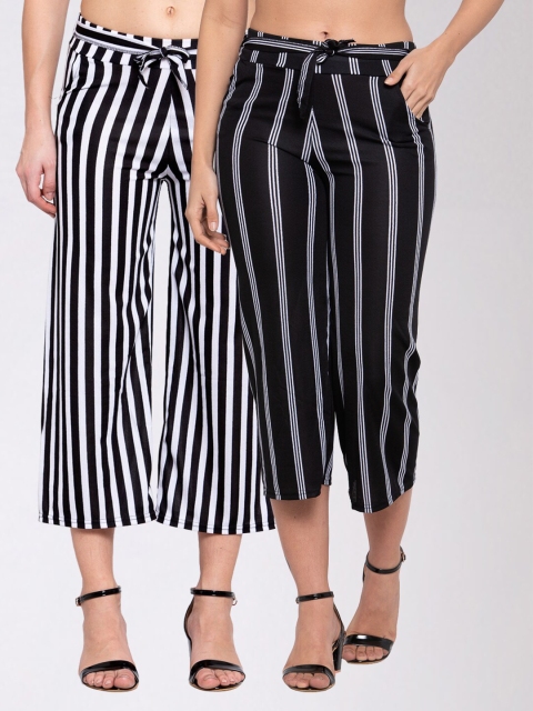 

KLOTTHE Women Set of 2 Black & White Striped Wide Leg Palazzos