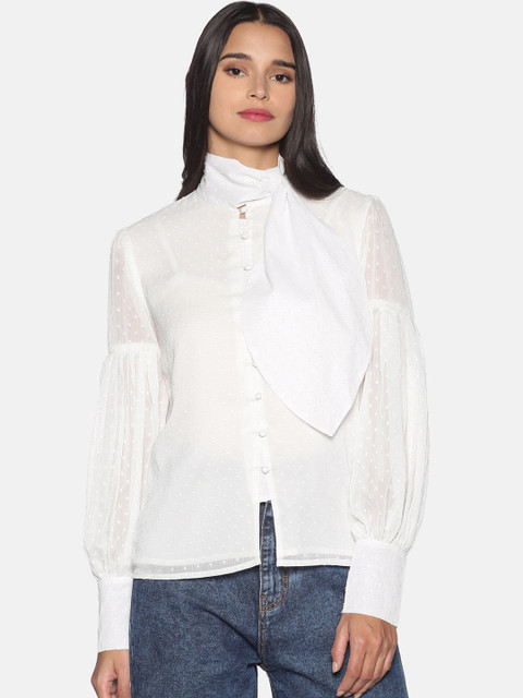 

ISU Women White Regular Fit Self Design Neck Tie-up Casual Shirt