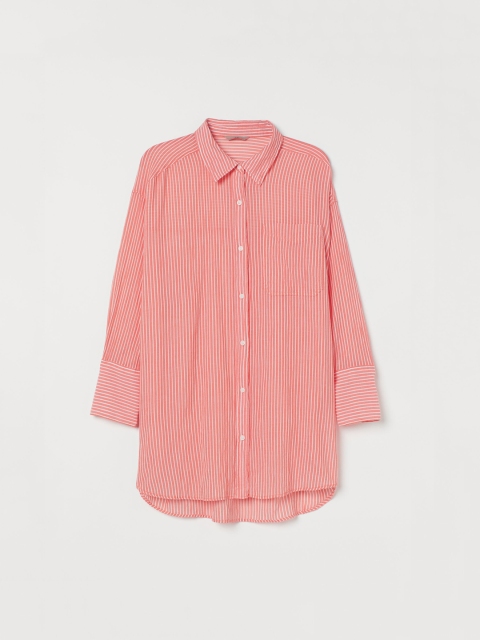 

H&M+ Women Pink Striped Oversized Cotton Shirt
