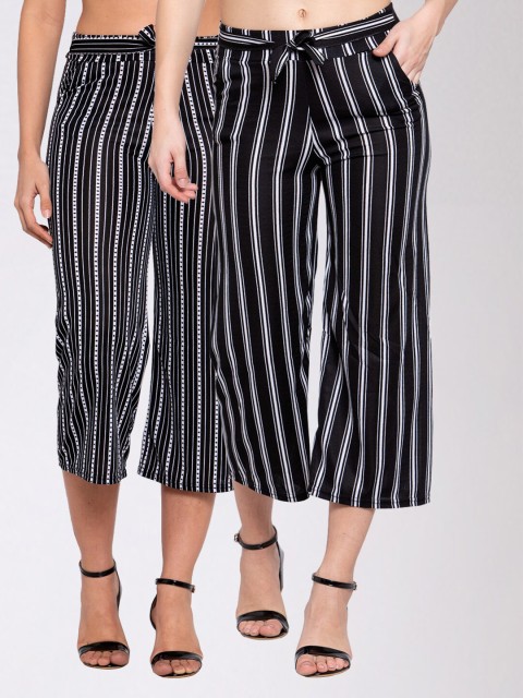 

KLOTTHE Women Pack Of 2 Black & White Striped Wide Leg Palazzos