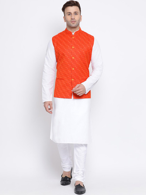 

NAMASKAR Men White & Orange Solid Kurta with Churidar & Nehru Jacket