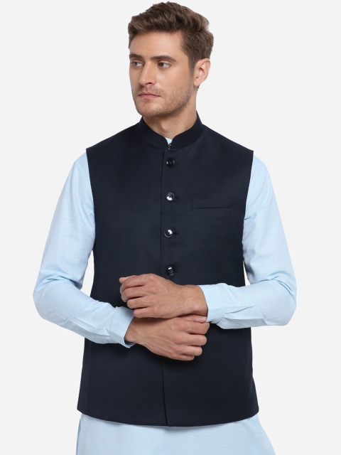 

MODI JACKET Men Navy Blue Solid Woven Nehru Jacket