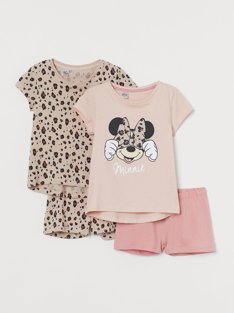 

H&M Girls Pink & Beige Minnie Mouse Printed 2-Pack T-shirts With Shorts