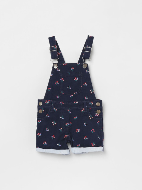 

max Girls Blue & Red Floral Print Denim Dungarees