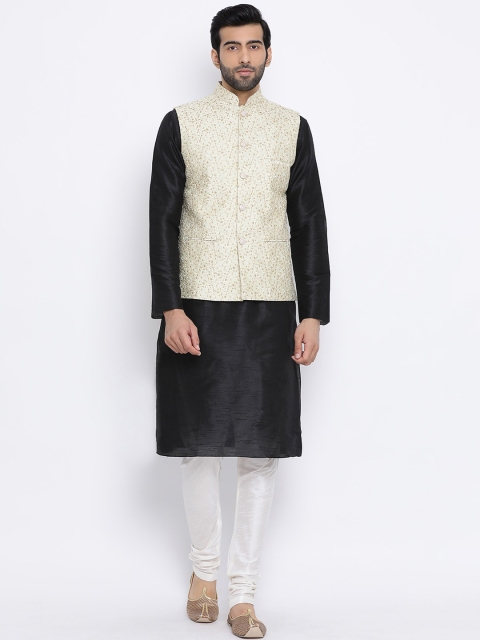 

NAMASKAR Men Black & Off-White Solid Kurta with Pyjamas & Nehru Jacket