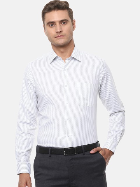 Louis Philippe Men White & Grey Slim Fit Striped Cotton Formal Shirt