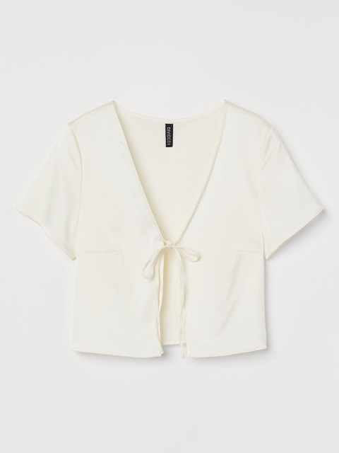 

H&M Women White Solid Tie-Top Blouse
