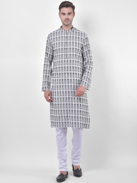LAMAAYA Men Grey & White Woven Design Kurta with Churidar