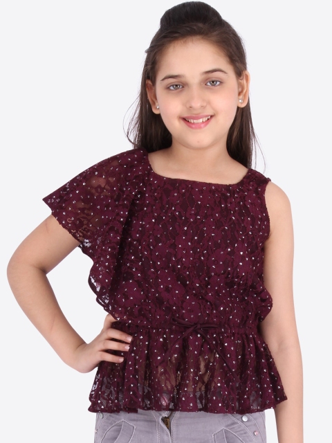 CUTECUMBER Girls Maroon Lace Cinched Waist Top
