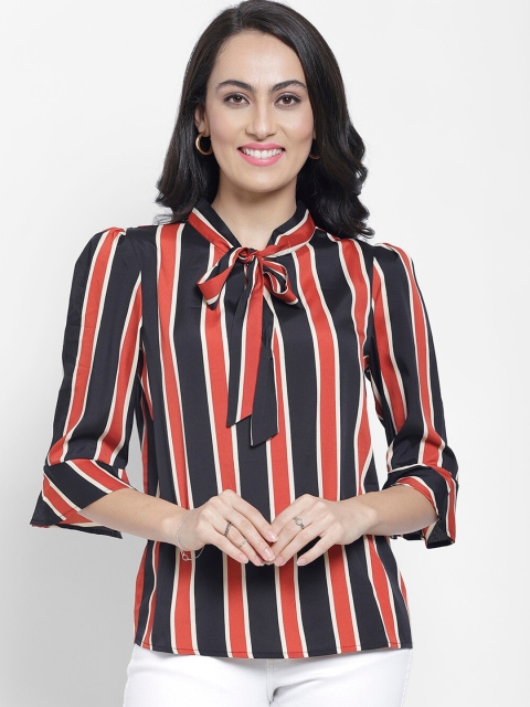 

NIXX Women Rust Striped Tie-Up Neck Regular Top
