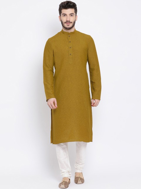 

NAMASKAR Men Mustard & White Solid Kurta with Churidar
