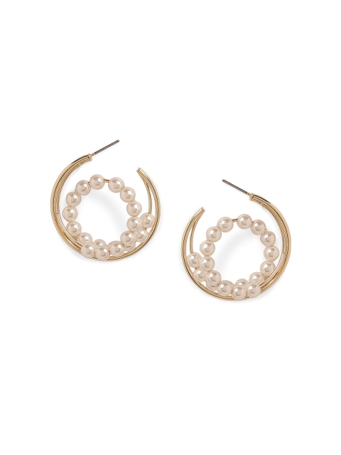 

20Dresses White & Gold-Toned Beaded Contemporary Half Hoop Earrings