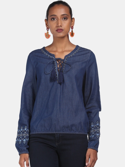 

Aeropostale Blue Tie-Up Neck Blouson Top