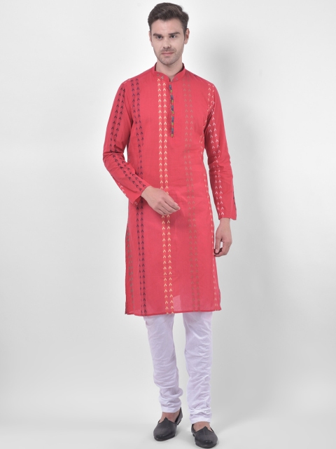 

LAMAAYA Men Red & White Woven Design Kurta with Churidar