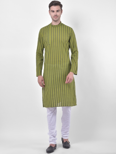 

LAMAAYA Men Green & White Striped Kurta with Churidar