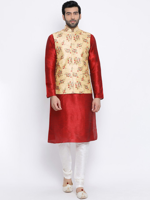 

NAMASKAR Men Maroon & Off-White Solid Kurta with Churidar & Nehru Jacket