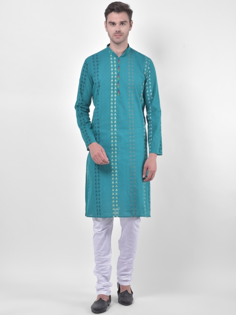 

LAMAAYA Men Blue & White Woven Design Kurta with Churidar
