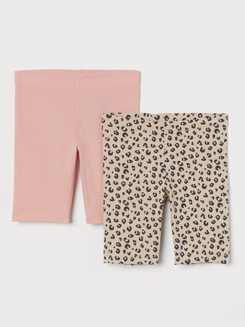 H&M Girls Beige & Pink Animal Printed 2-Pack Cycling Shorts