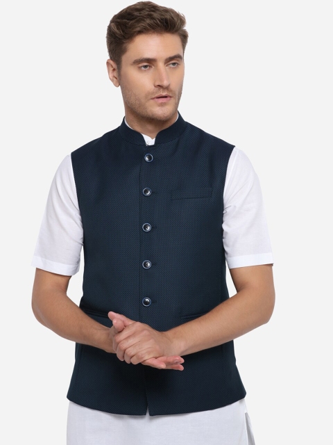 

MODI JACKET Men Teal Blue Self-Design Nehru Jacket