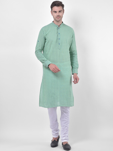 

LAMAAYA Men Green & White Woven Design Kurta with Churidar