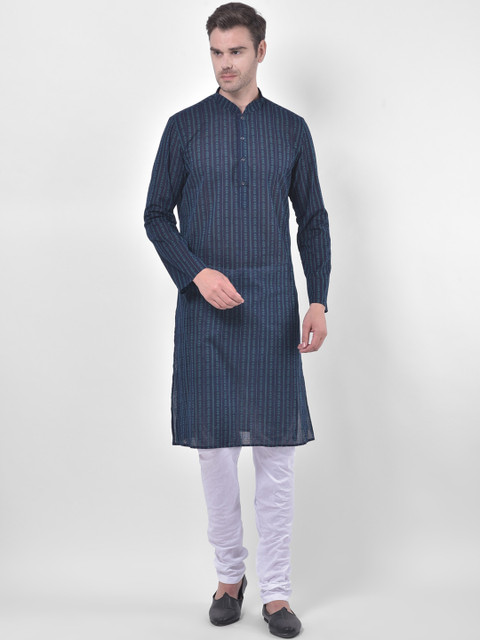 

LAMAAYA Men Navy Blue & White Striped Kurta with Pyjamas