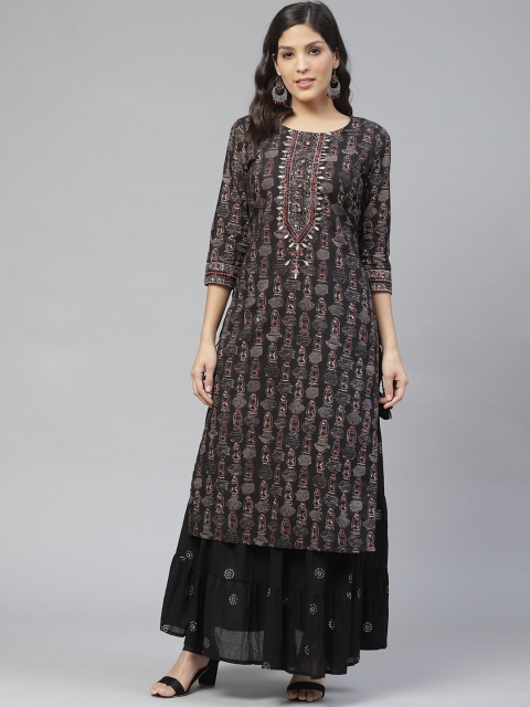 Ishin Women Black Printed Kurta with Skirt